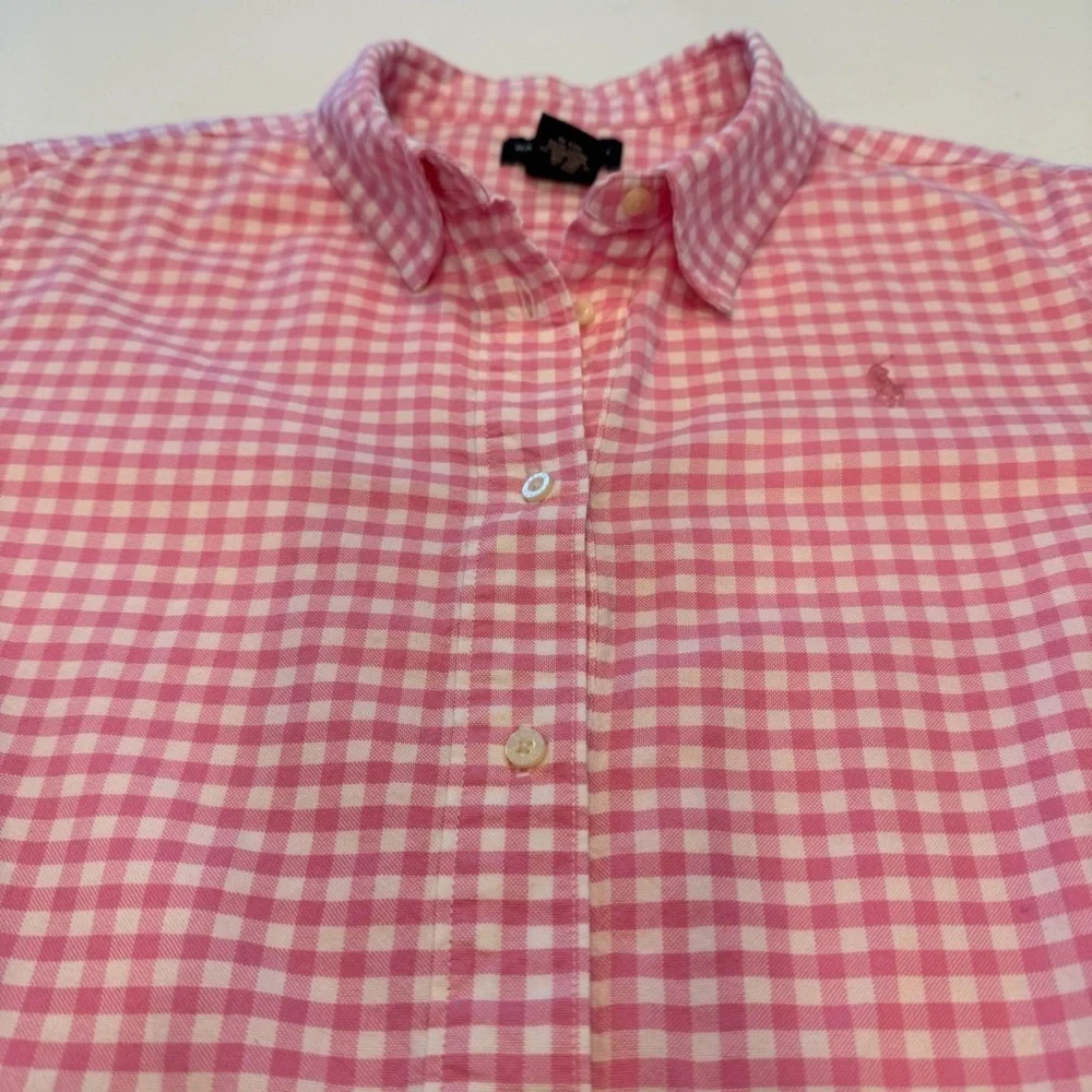Ralph Lauren Girls Shirt Dress Pink/White Check Pleated Skirt Drop Waist Sz 16